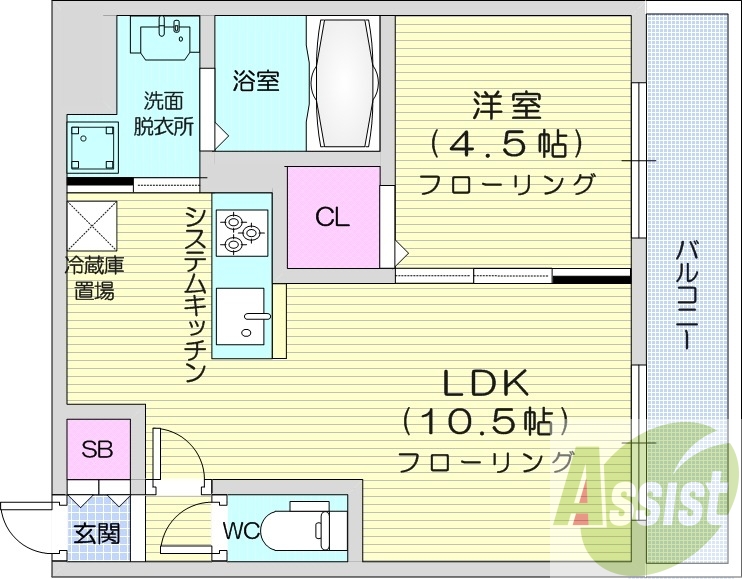 1LDK、エアコン、都市ガス、システムキッチン
