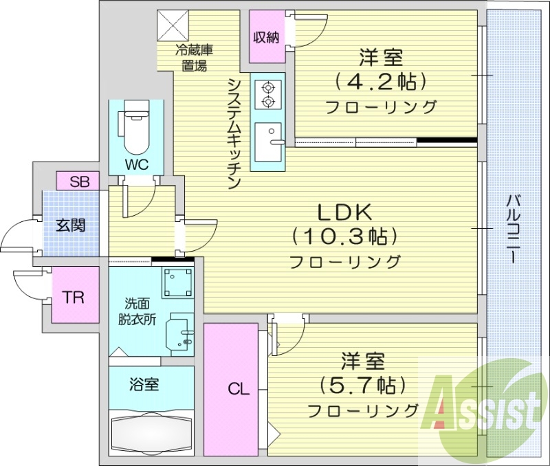 2LDK、都市ガス、エアコン、トランクルーム、独立洗面台