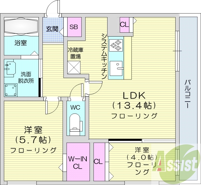 2LDK、都市ガス、エレベーター、インターネット無料
