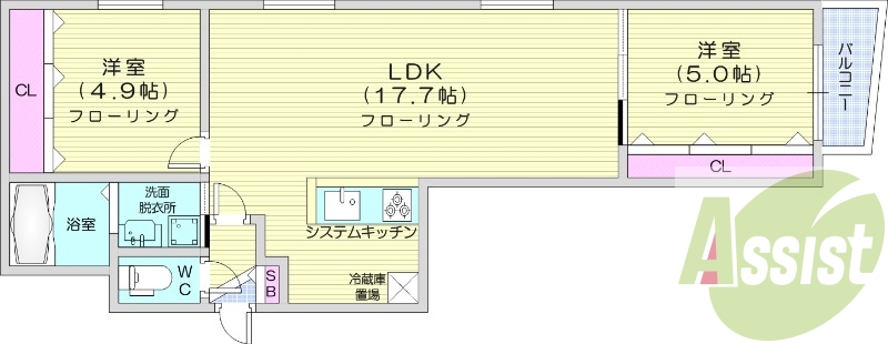 2LDK、都市ガス、エアコン、システムキッチン、独立洗面台