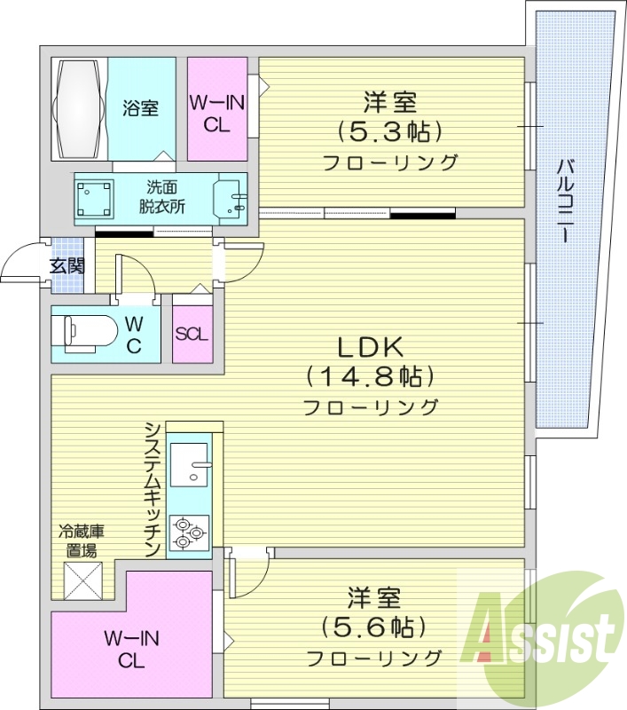 2LDK、都市ガス、エアコン、システムキッチン、独立洗面台