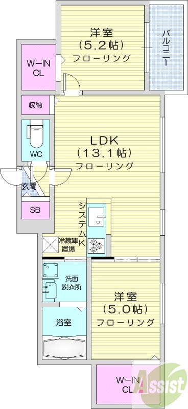 2LDK、都市ガス、エアコン、システムキッチン、独立洗面台