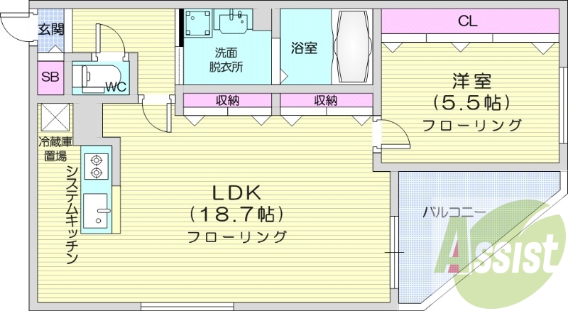 1LDK、都市ガス、エアコン、システムキッチン、独立洗面台