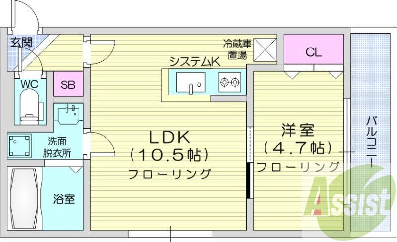 1LDK、エアコン、システムキッチン、ネット無料