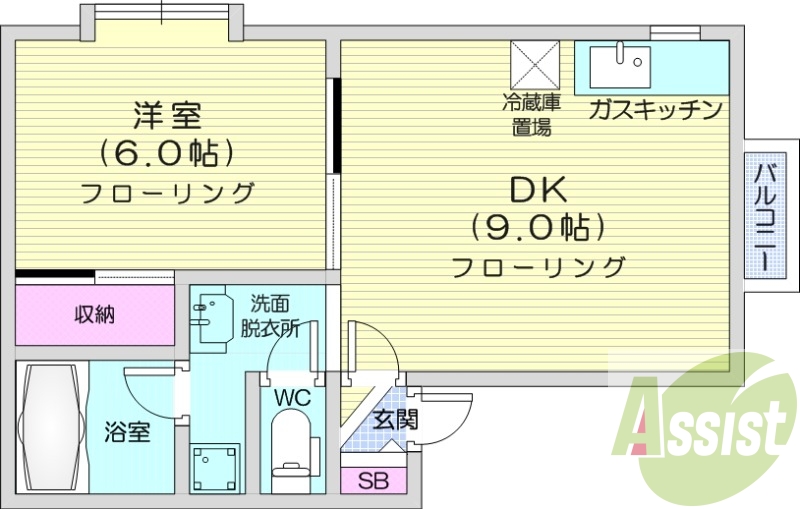 1DK、灯油暖房、独立洗面台、風呂・トイレ別