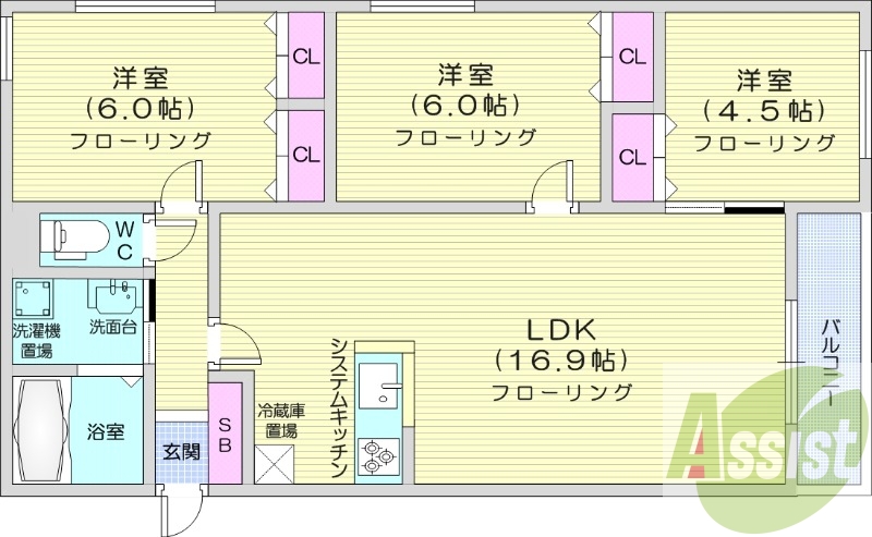 3LDK、ウォークインクローゼット、システムキッチン
