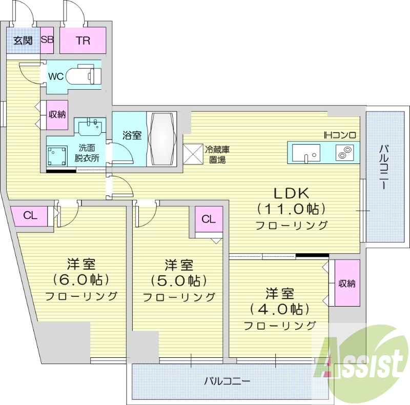 3LDK、都市ガス、エアコン、トランクルーム、独立洗面台