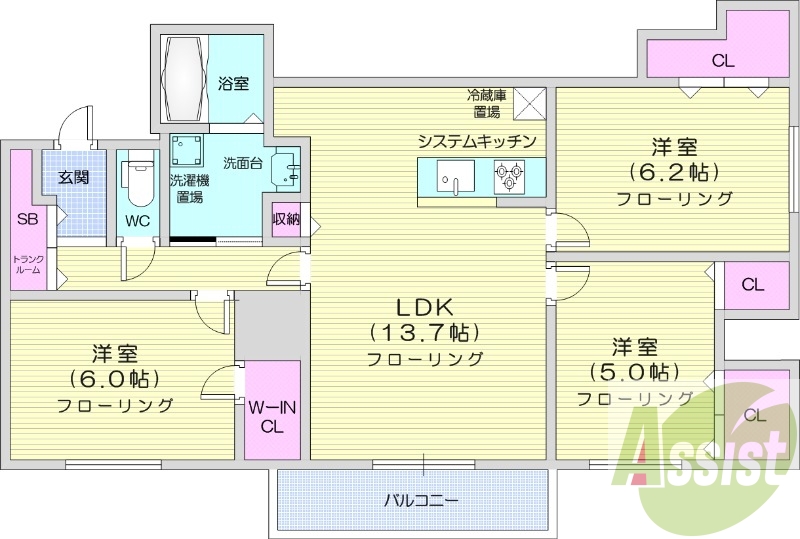 3LDK、追い焚き、エアコン、浴室乾燥機、システムキッチン