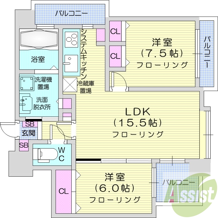2LDK、収納、洗濯機置場、エアコン、バストイレ別