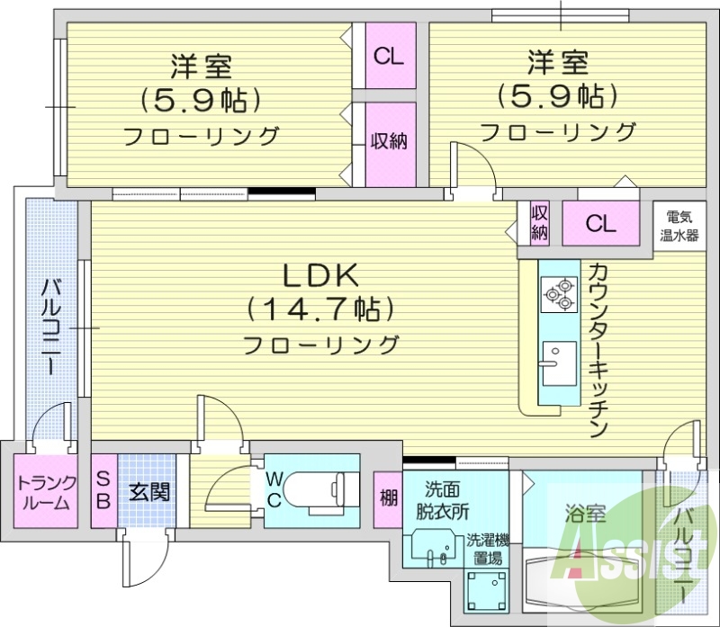 2LDK、収納、電気暖房、角部屋、ネット無料