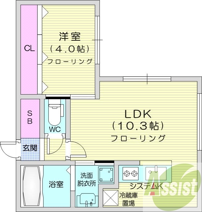 1LDK、都市ガス、エアコン、システムキッチン、浴室乾燥機