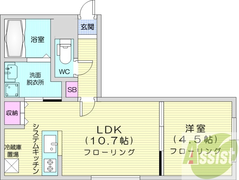 1LDK、エアコン、システムキッチン、ネット無料