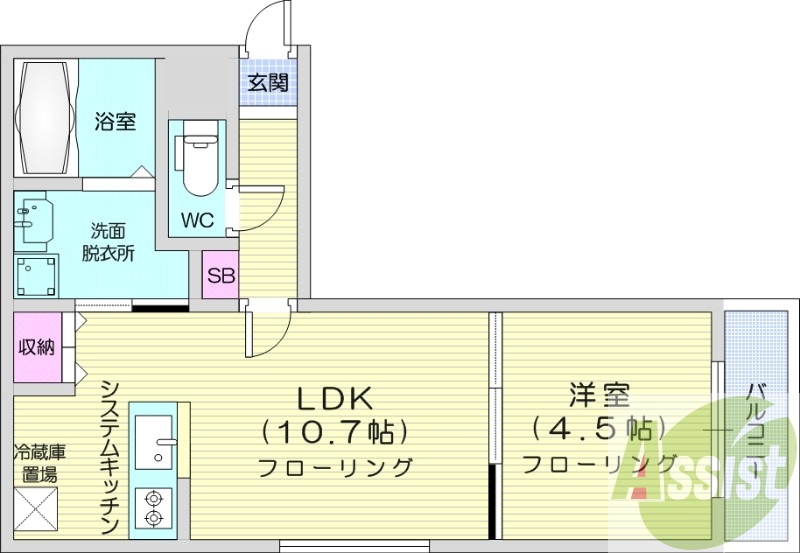 1LDK、エアコン、システムキッチン、ネット無料