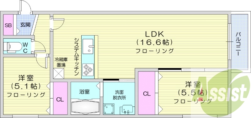 2LDK、都市ガス、角部屋、追い焚き、システムキッチン
