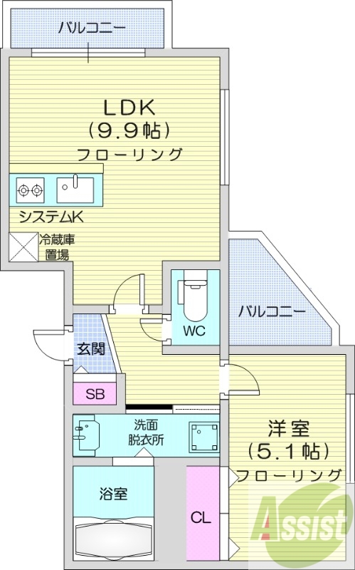 1LDK、都市ガス、角部屋、ネット無料、システムキッチン