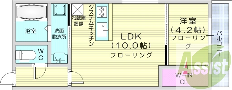 1LDK、都市ガス、角部屋、ネット無料、システムキッチン