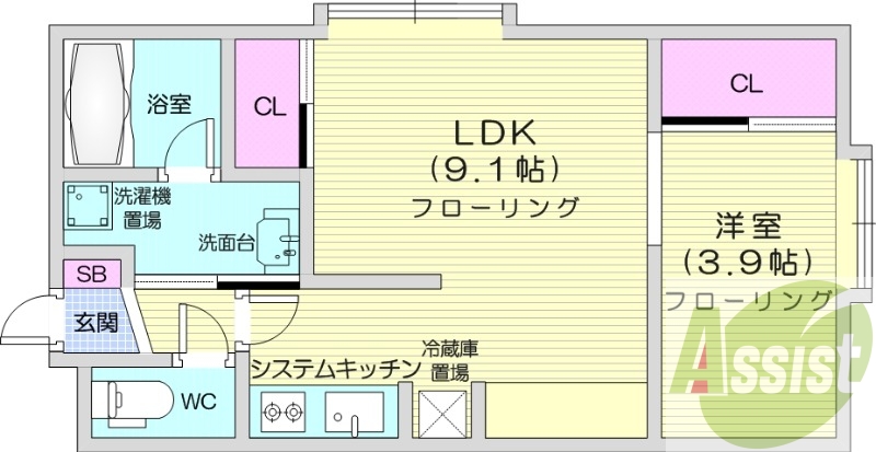 1LDK、エアコン、ネット無料、システムキッチン