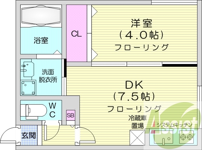 1DK、エアコン、灯油暖房、システムキッチン