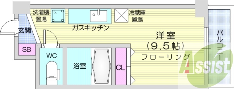 1R、都市ガス、シャワートイレ、システムキッチン