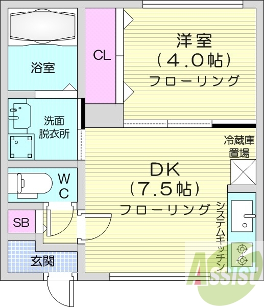 1DK、エアコン、灯油暖房、システムキッチン