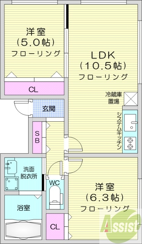 2LDK、エアコン、灯油暖房、システムキッチン