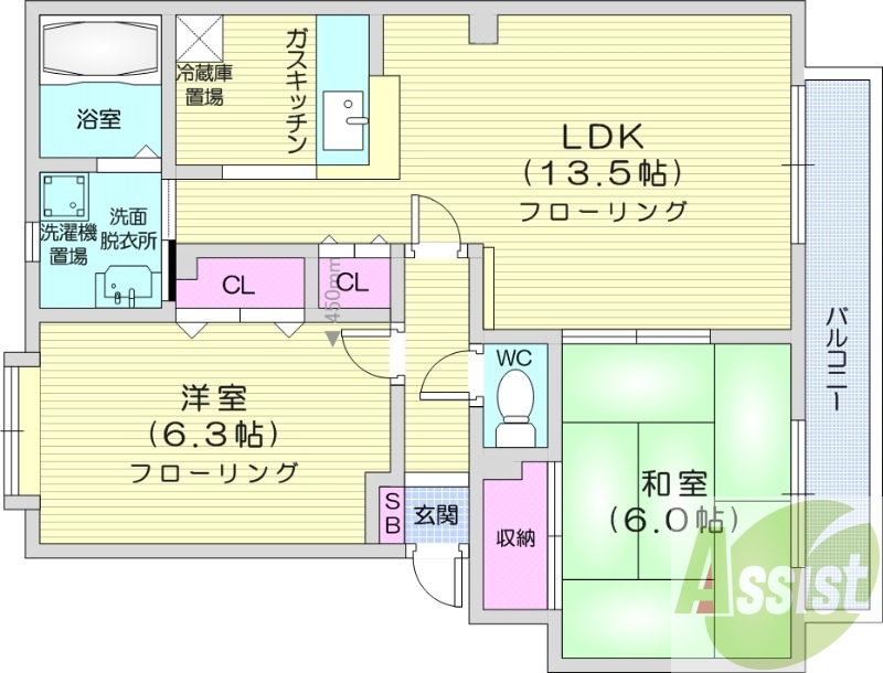 2LDK、独立洗面台、灯油暖房、トイレ風呂別