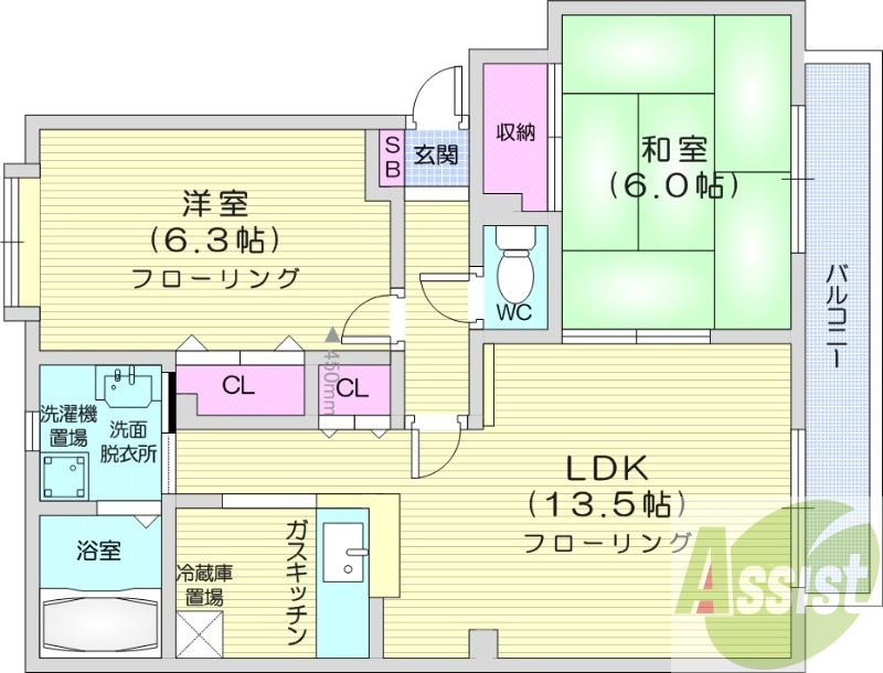 2LDK、独立洗面台、灯油暖房、トイレ風呂別
