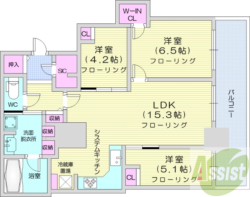 3LDK、エアコン、システムキッチン、独立洗面台、