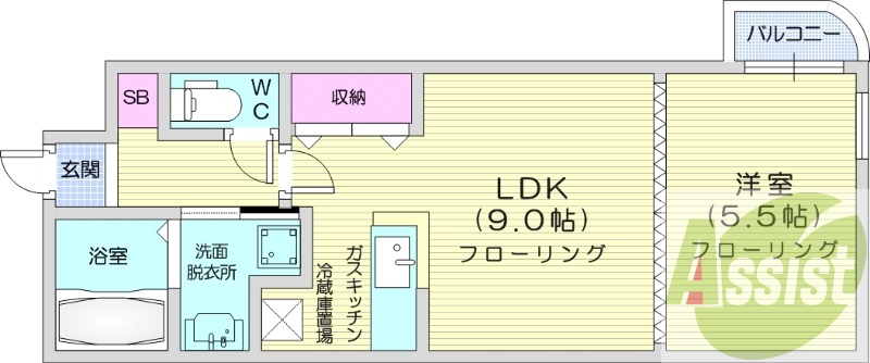 1LDK、シャンドレ、灯油暖房、バス・トイレ別