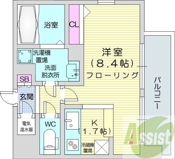 1K、バストイレ別、バルコニー、クローゼット、オール電化