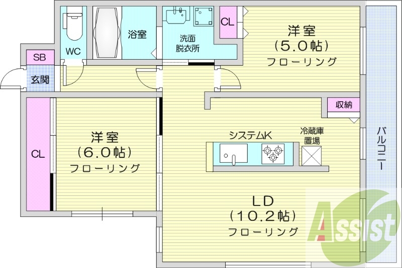 2LDK、都市ガス、エアコン、システムキッチン