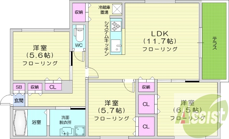 3LDK、都市ガス、エアコン、システムキッチン