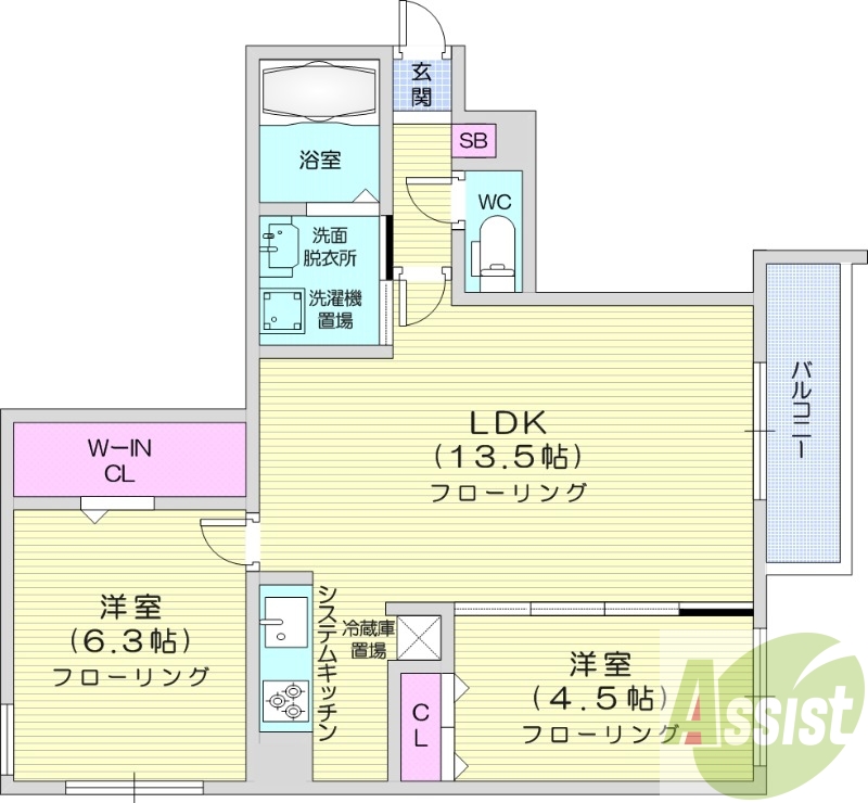 2LDK、都市ガス、エアコン、追い焚き、システムキッチン