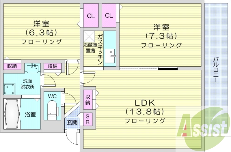 2LDK、独立洗面台、灯油暖房、バルコニー、バストイレ別