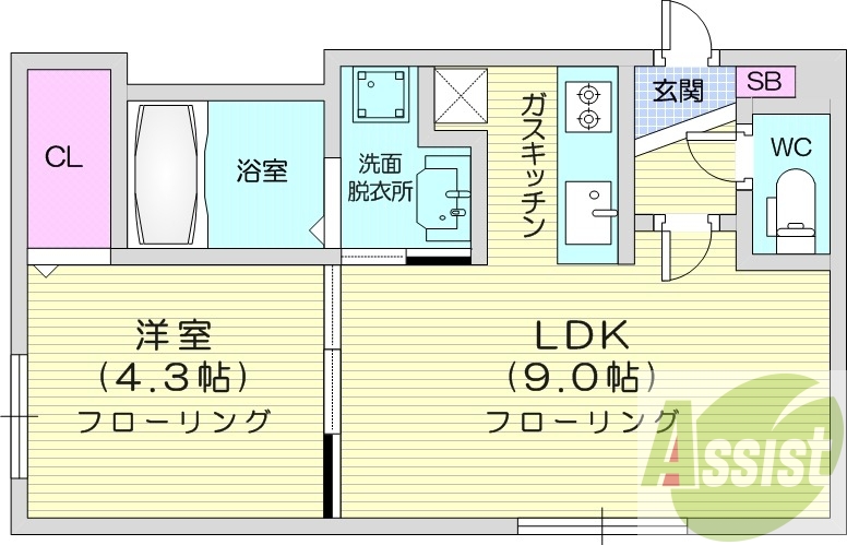 1LDK、角部屋、オートロック、エアコン、ネット使用料無料