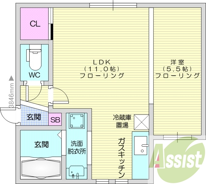 1LDK、洗髪洗面化粧台、ガスキッチン、シューズボックス