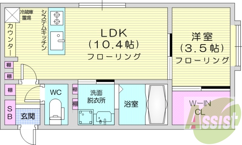 1LDK、対面キッチン、ネット使用料無料
