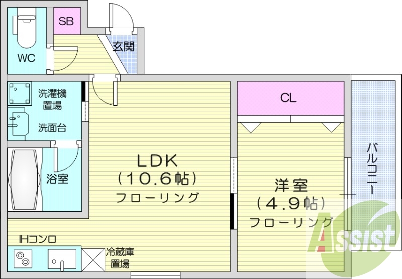 1LDK、IHクッキングヒーター、バストイレ別、独立洗面台
