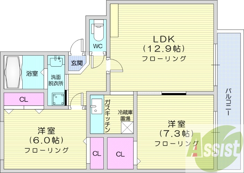 2LDK、独立洗面台、灯油暖房、バルコニー、バストイレ別