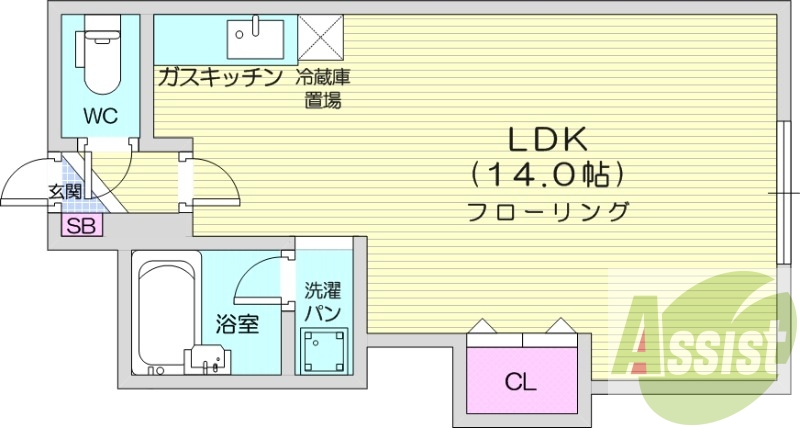 1DK、バストイレ別、RC造、シューズボックス