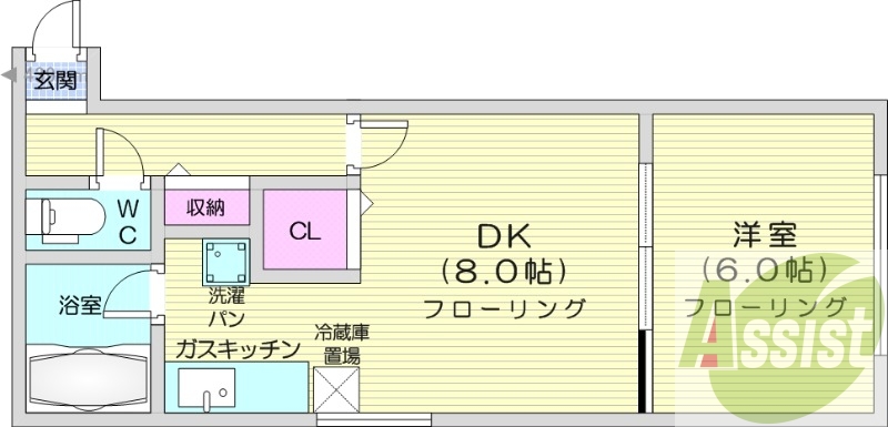 1DK、バストイレ別、RC造、シューズボックス