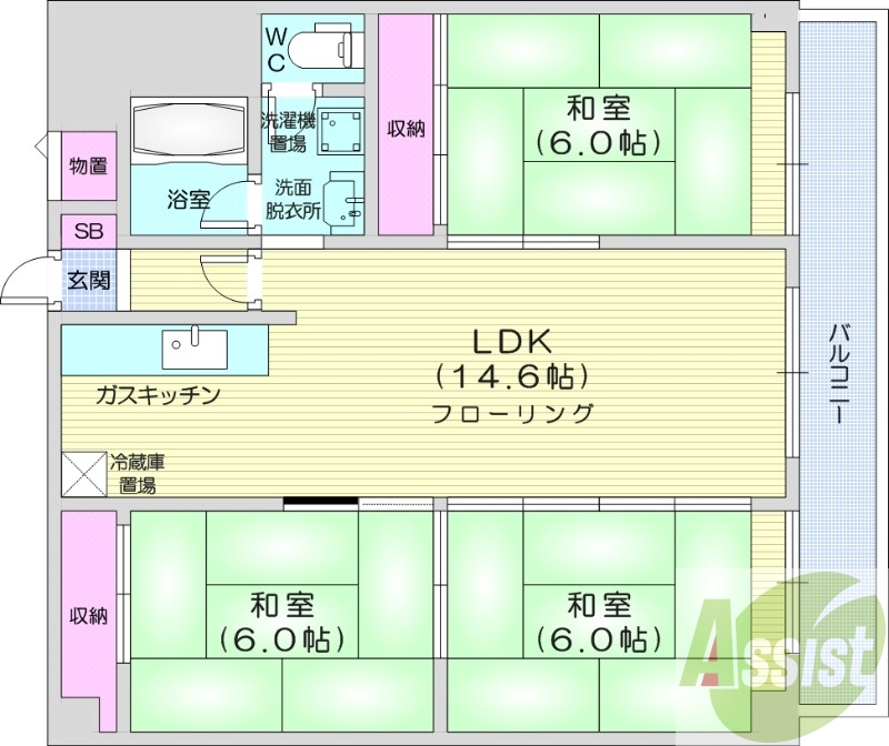 3LDK、都市ガス、独立洗面台、和室、収納