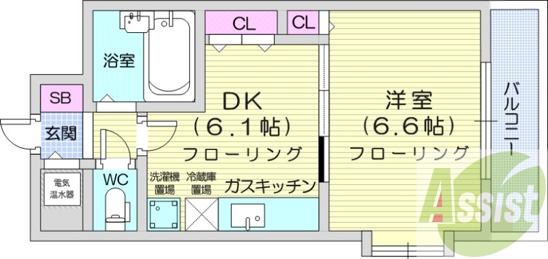 1DK、都市ガス、オートロック、電気温水器