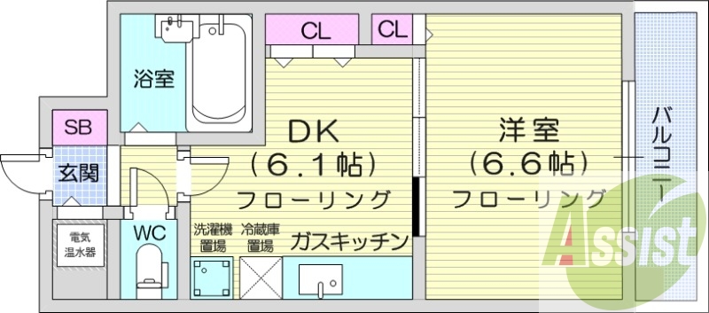 1DK、都市ガス、バストイレ別、電気温水器
