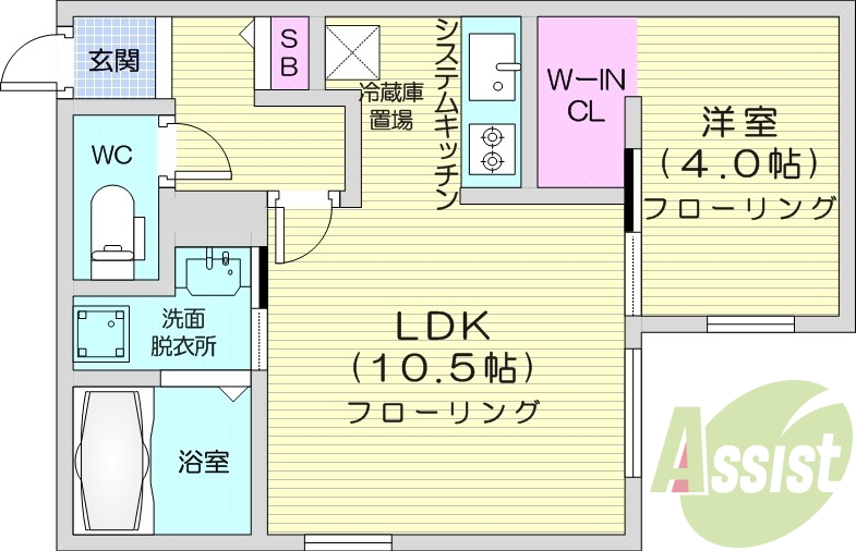 1LDK、エアコン、システムキッチン、バストイレ別