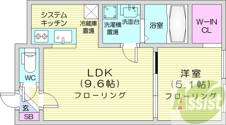 1LDK、浴室乾燥機、システムキッチン、シャワートイレ