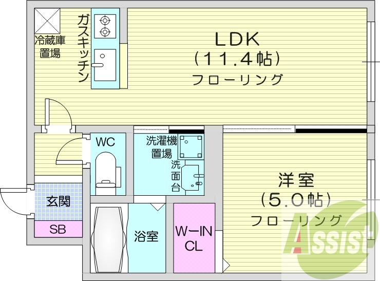 1LDK、システムキッチン、都市ガス、ペット可