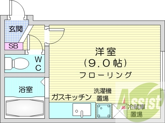 １R、シューズボックス、ガスキッチン、灯油暖房