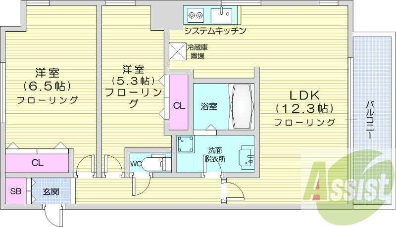 2LDK、都市ガス、システムキッチン、ガスFF暖房