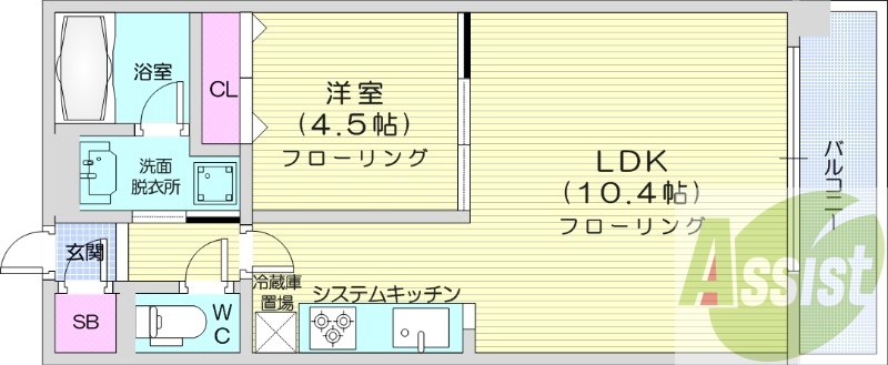 1LDK、角部屋、都市ガス、システムキッチン、ガスFF暖房